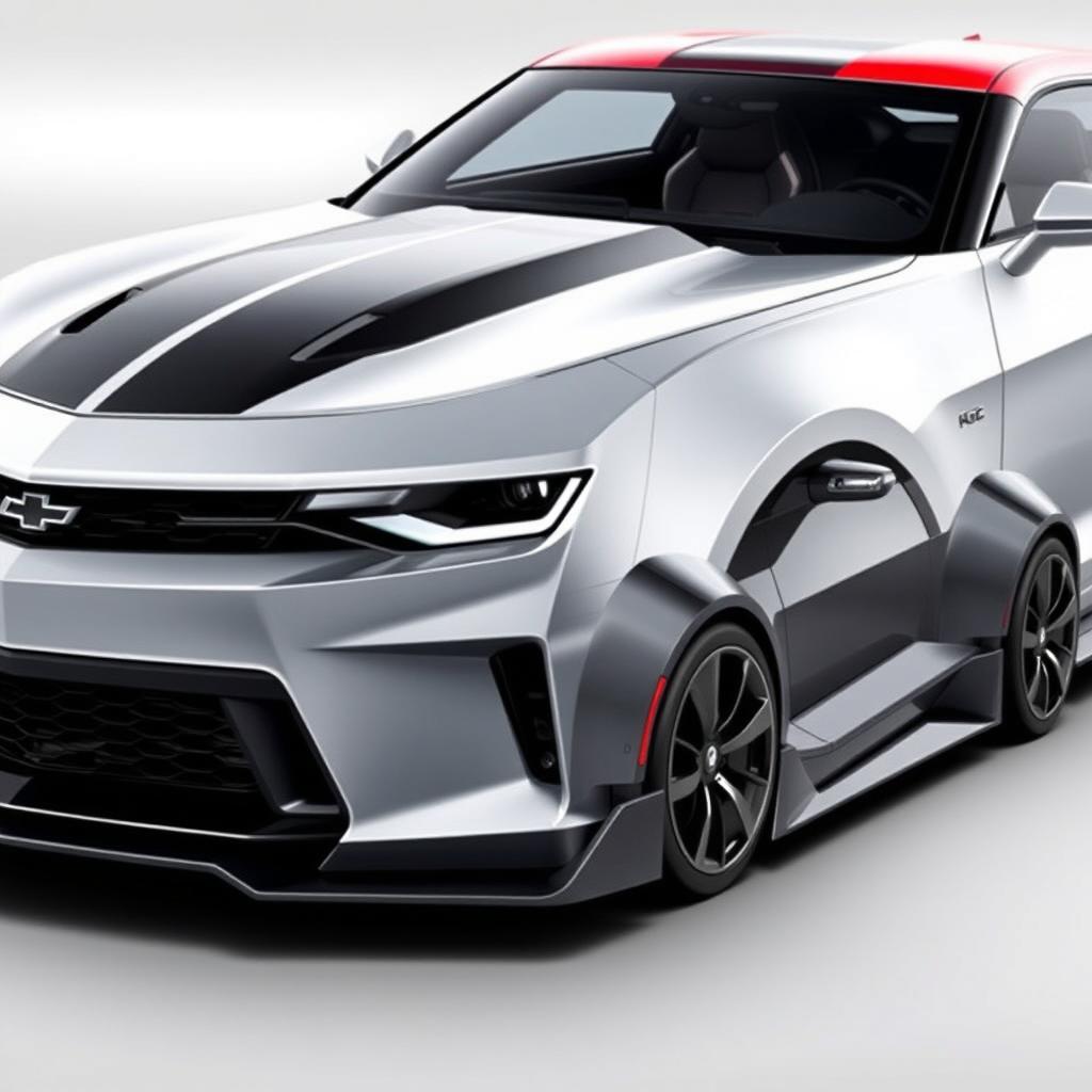 A hybrid car design that combines the sleek and muscular features of a Chevrolet Camaro with the sporty and agile characteristics of a Nissan 350Z