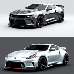 A hybrid car design that combines the sleek and muscular features of a Chevrolet Camaro with the sporty and agile characteristics of a Nissan 350Z