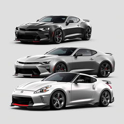 A hybrid car design that combines the sleek and muscular features of a Chevrolet Camaro with the sporty and agile characteristics of a Nissan 350Z