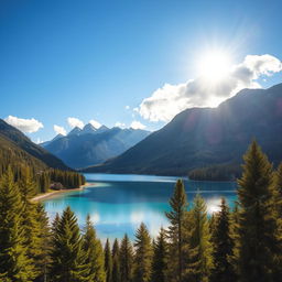 A serene landscape featuring a crystal-clear lake surrounded by lush green forests and majestic mountains in the background