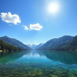 A serene landscape featuring a crystal-clear lake surrounded by lush green forests and majestic mountains in the background