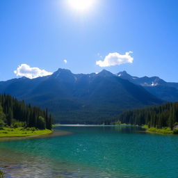 A serene landscape featuring a crystal-clear lake surrounded by lush green forests and majestic mountains in the background