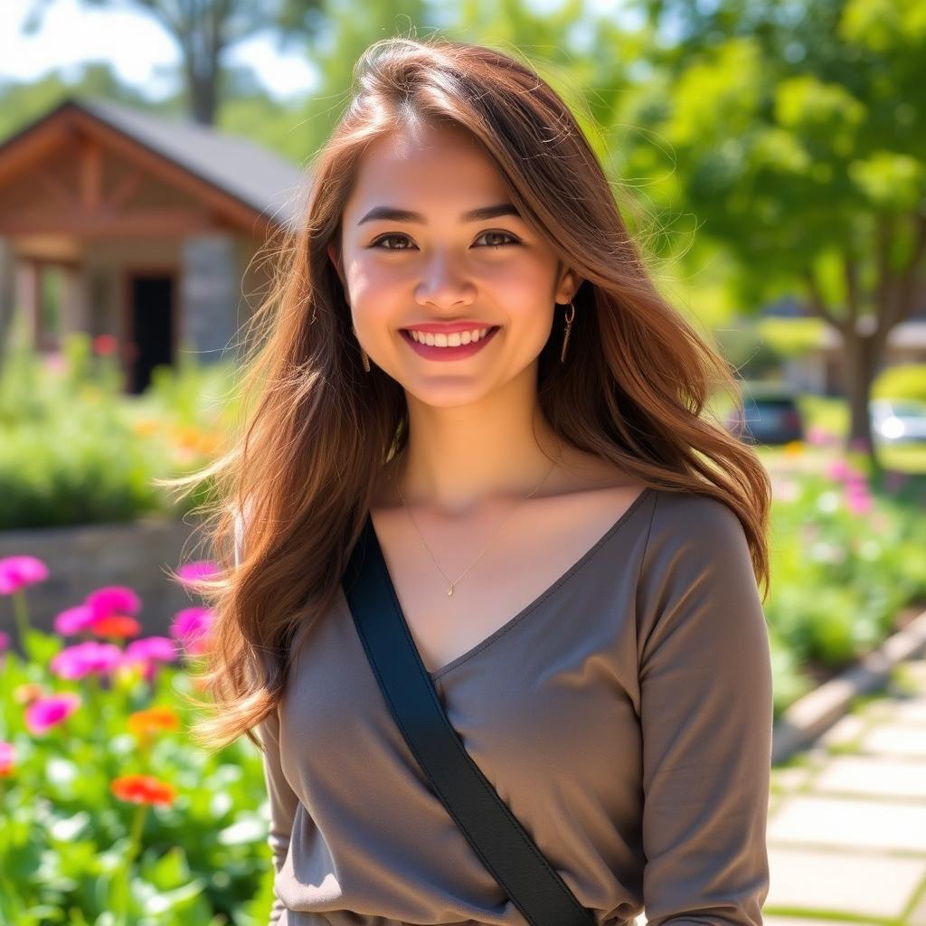 A beautiful young woman with a radiant smile, wearing a stylish outfit, standing in a picturesque outdoor setting with lush greenery and vibrant flowers