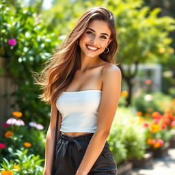 A beautiful young woman with a radiant smile, wearing a stylish outfit, standing in a picturesque outdoor setting with lush greenery and vibrant flowers