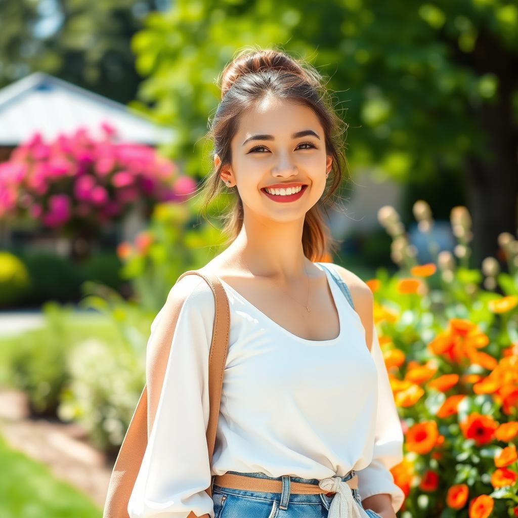 A beautiful young woman with a radiant smile, wearing a stylish outfit, standing in a picturesque outdoor setting with lush greenery and vibrant flowers