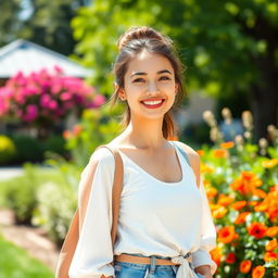 A beautiful young woman with a radiant smile, wearing a stylish outfit, standing in a picturesque outdoor setting with lush greenery and vibrant flowers