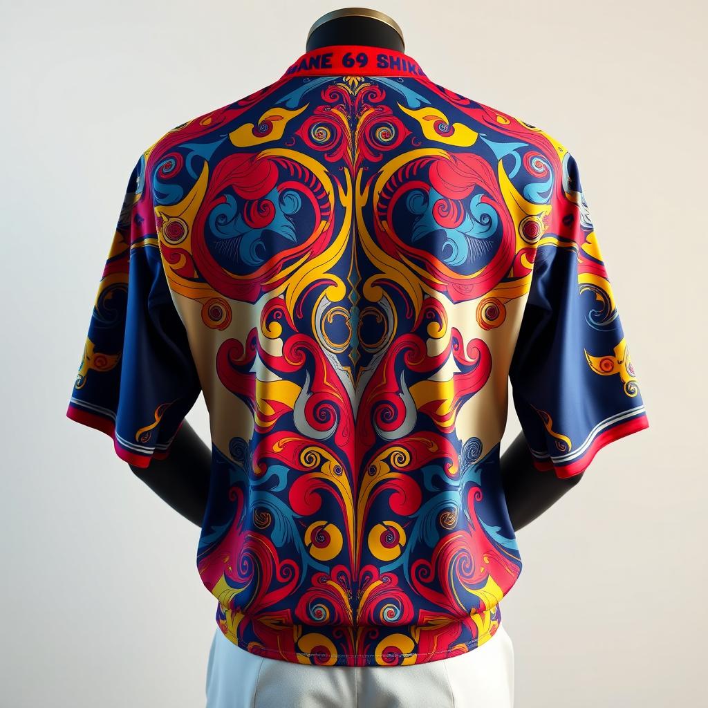 A detailed and vibrant image of a sports jersey, showcasing intricate designs and patterns