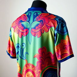 A detailed and vibrant image of a sports jersey, showcasing intricate designs and patterns