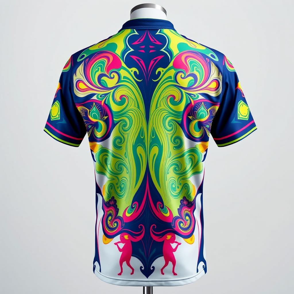 A detailed and vibrant image of a sports jersey, showcasing intricate designs and patterns