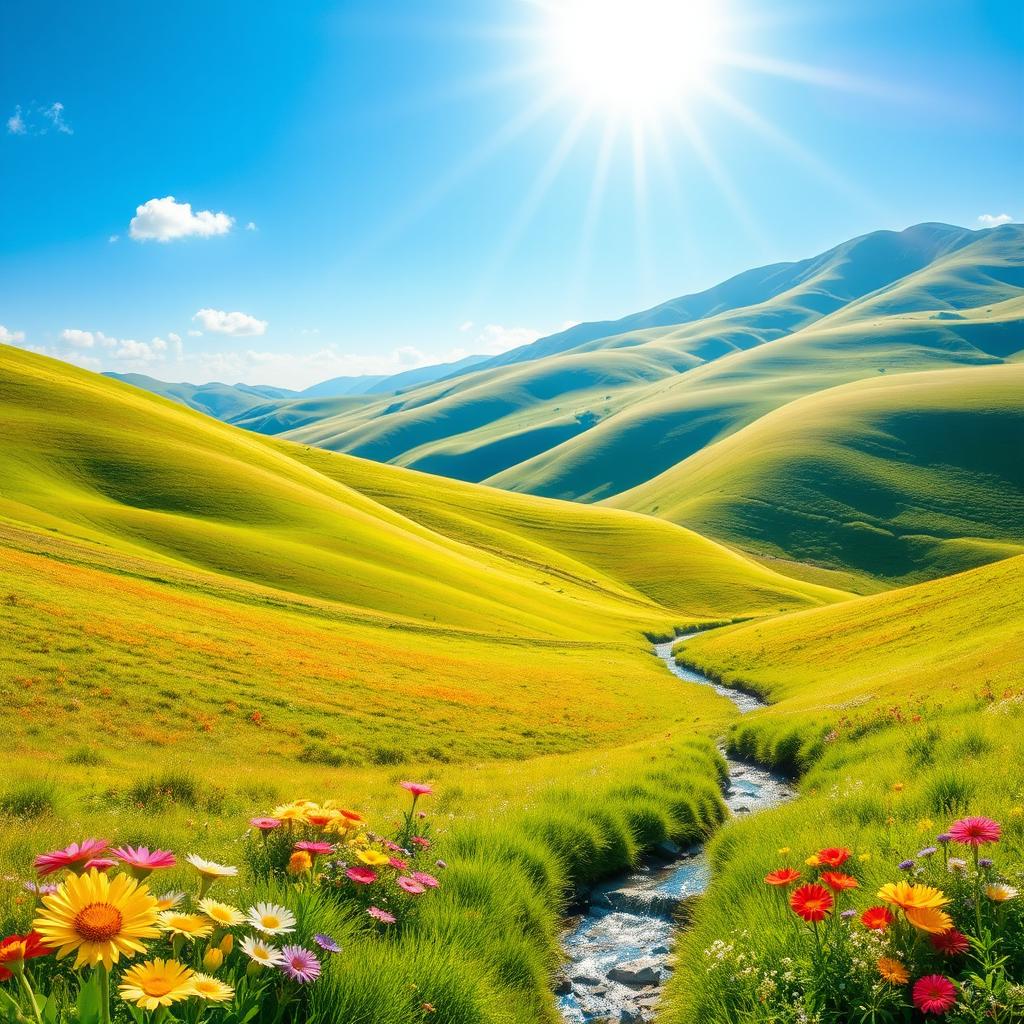 A beautiful landscape with rolling hills, a clear blue sky, and a bright sun shining down