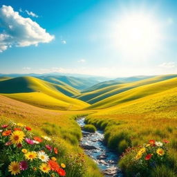 A beautiful landscape with rolling hills, a clear blue sky, and a bright sun shining down