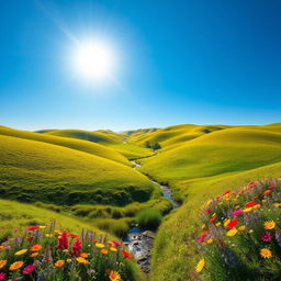 A beautiful landscape with rolling hills, a clear blue sky, and a bright sun shining down