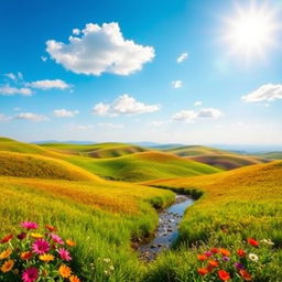 A beautiful landscape with rolling hills, a clear blue sky, and a bright sun shining down