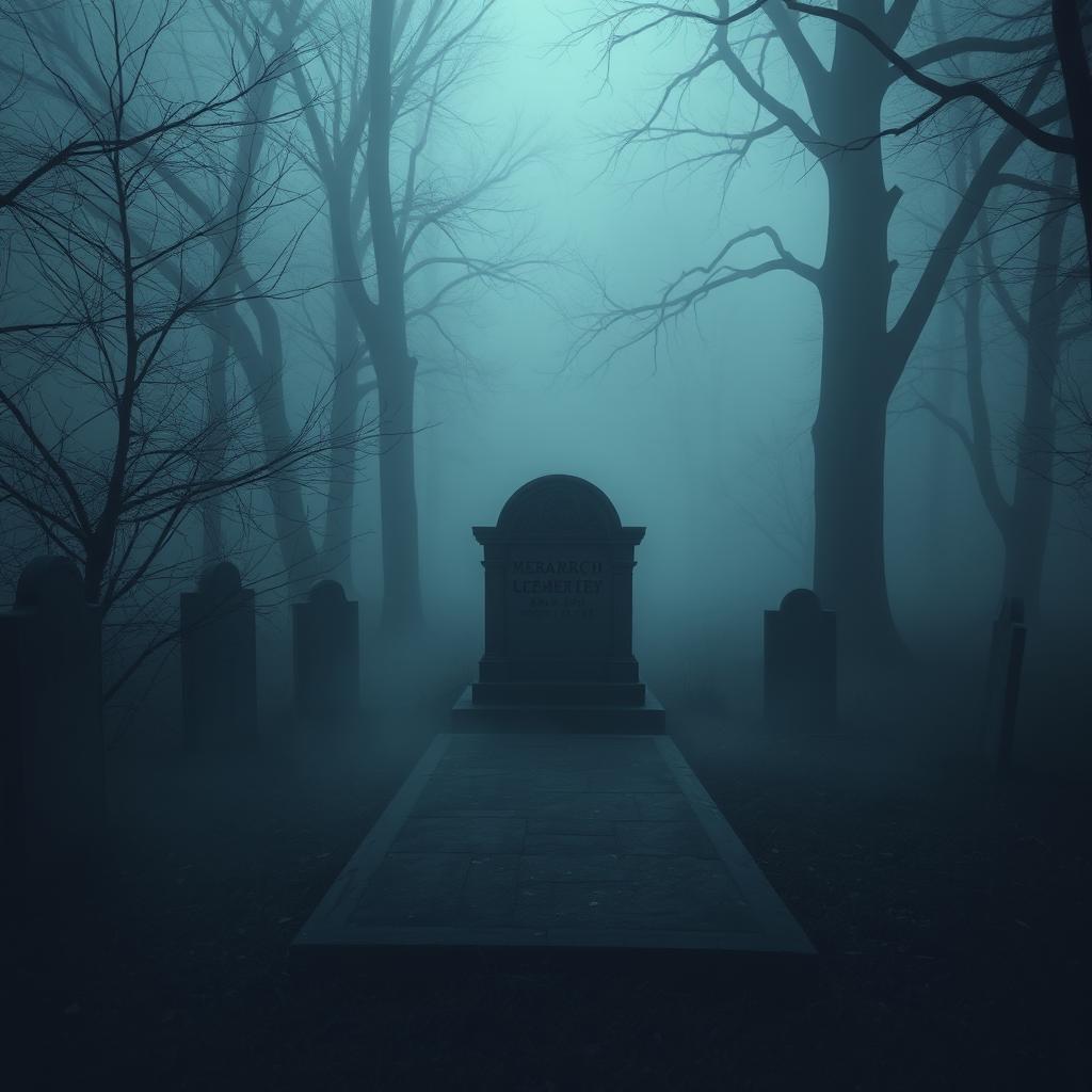 A mysterious unmarked grave in a secluded cemetery, surrounded by eerie mist and shadowy trees