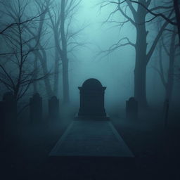 A mysterious unmarked grave in a secluded cemetery, surrounded by eerie mist and shadowy trees