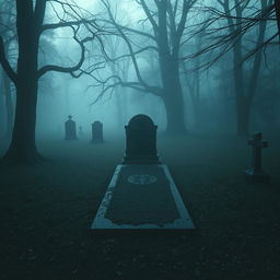 A mysterious unmarked grave in a secluded cemetery, surrounded by eerie mist and shadowy trees