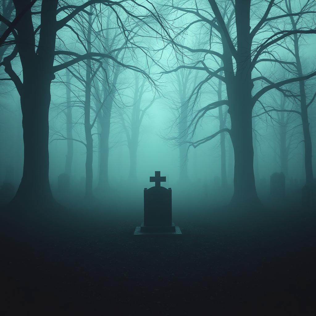 A mysterious unmarked grave in a secluded cemetery, surrounded by eerie mist and shadowy trees