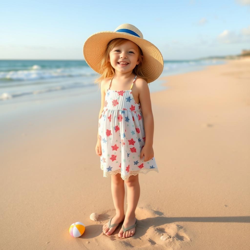 A cheerful girl is standing on a sandy beach with the ocean in the background