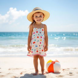 A cheerful girl is standing on a sandy beach with the ocean in the background