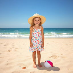 A cheerful girl is standing on a sandy beach with the ocean in the background