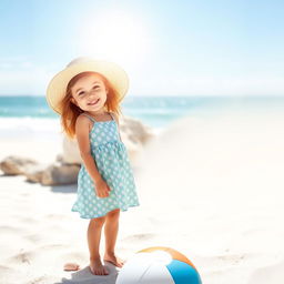 A cheerful girl is standing on a sandy beach with the ocean in the background