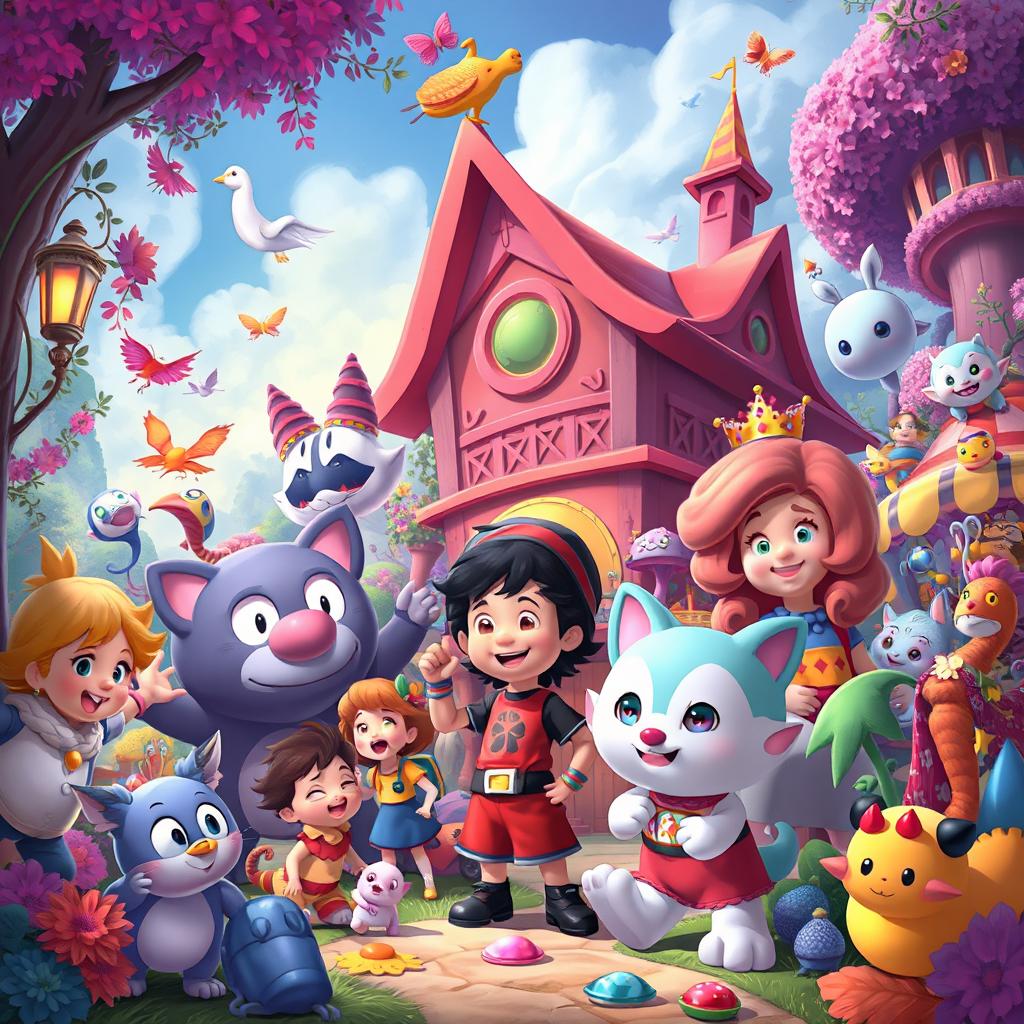 A colorful and vibrant scene featuring a variety of characters in a fantastical setting