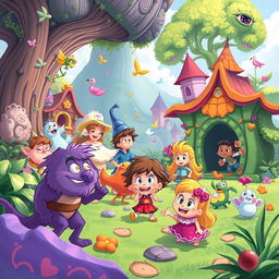 A colorful and vibrant scene featuring a variety of characters in a fantastical setting