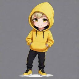 Anime chibi boy with a vibrant yellow hoodie, black pants, and yellow shoes