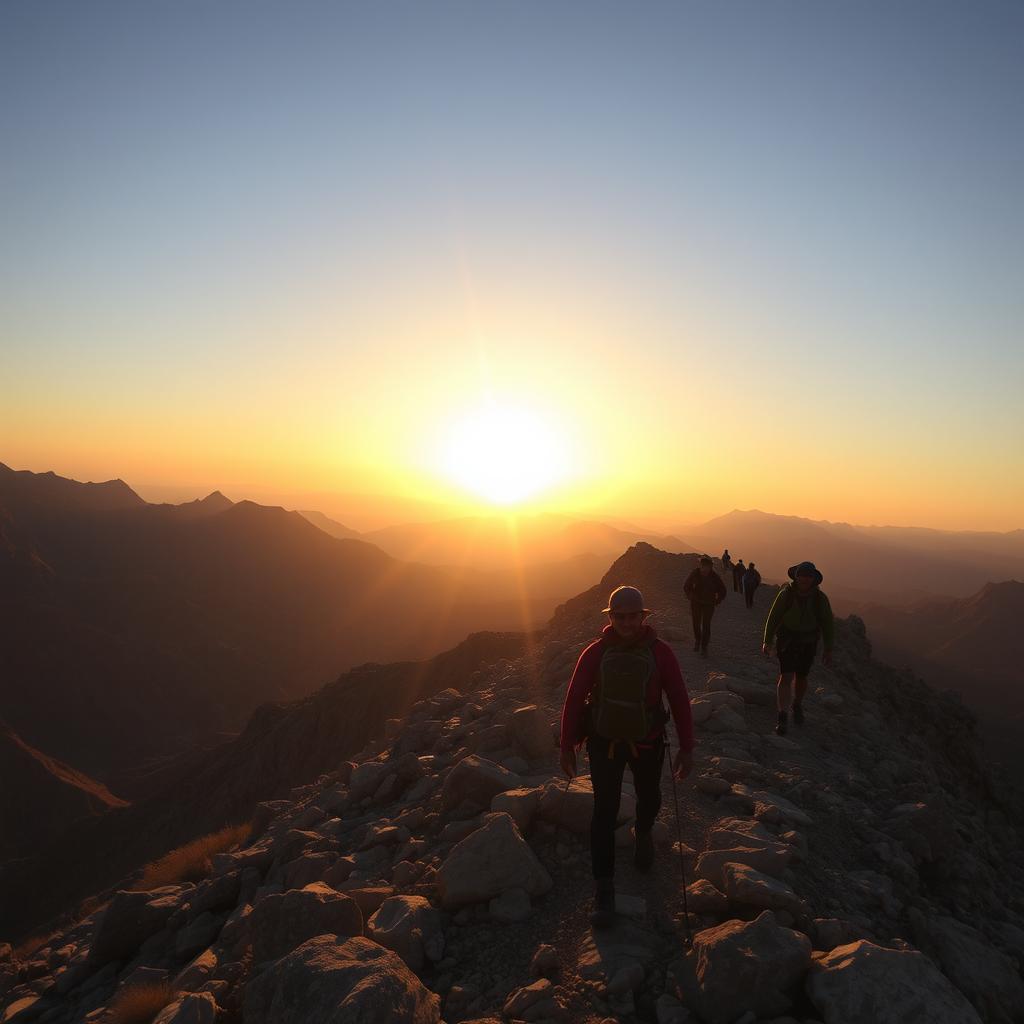 A breathtaking desert mountain landscape with a group of determined climbers making their way up the rugged terrain