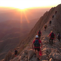 A breathtaking desert mountain landscape with a group of determined climbers making their way up the rugged terrain