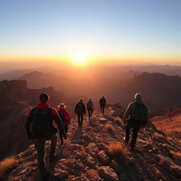 A breathtaking desert mountain landscape with a group of determined climbers making their way up the rugged terrain