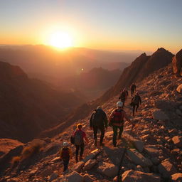 A breathtaking desert mountain landscape with a group of determined climbers making their way up the rugged terrain