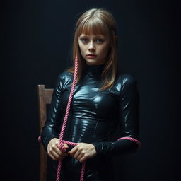 A 19-year-old girl in a latex suit tied to a chair with pink ropes