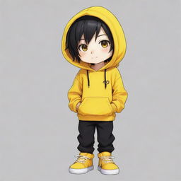 Anime chibi boy with a vibrant yellow hoodie, black pants, and yellow shoes