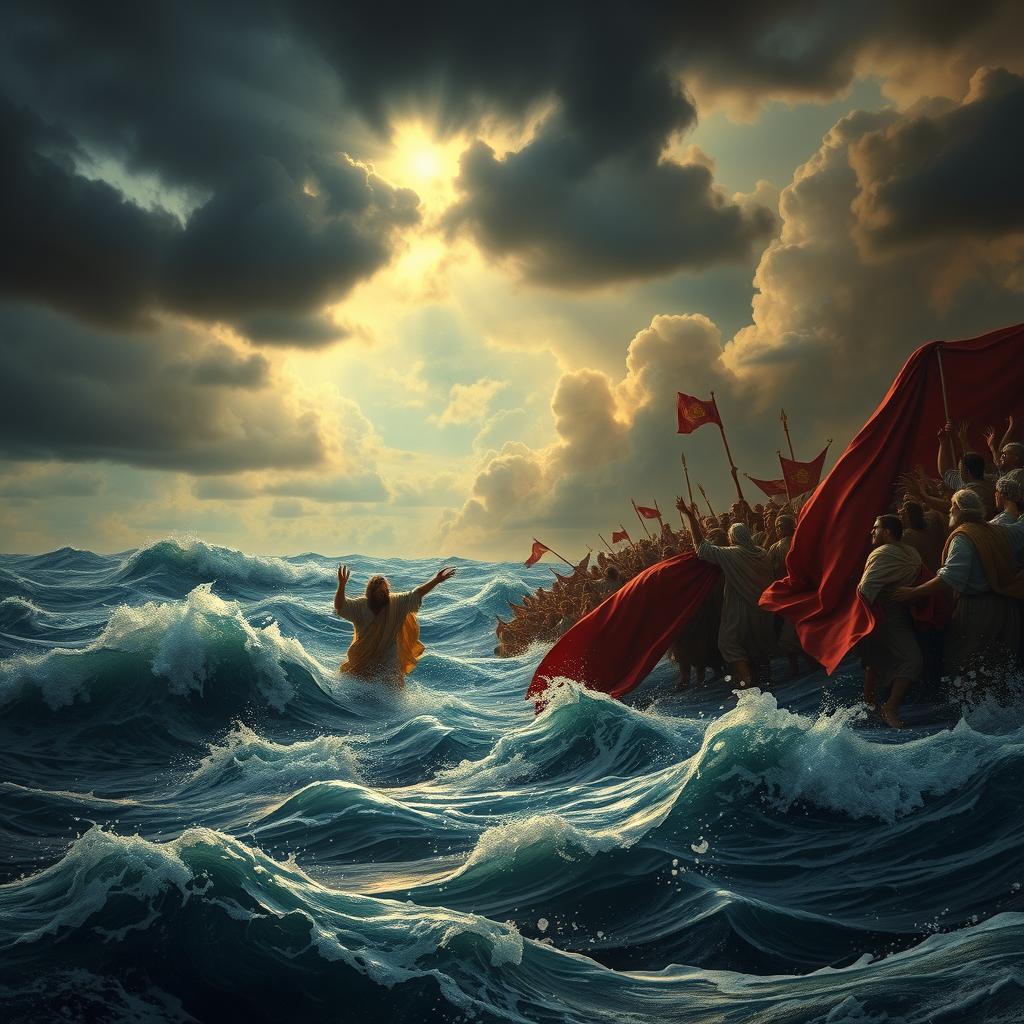 A dramatic scene depicting the biblical Exodus, with Moses parting the Red Sea, leading the Israelites out of Egypt