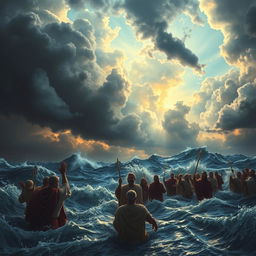 A dramatic scene depicting the biblical Exodus, with Moses parting the Red Sea, leading the Israelites out of Egypt