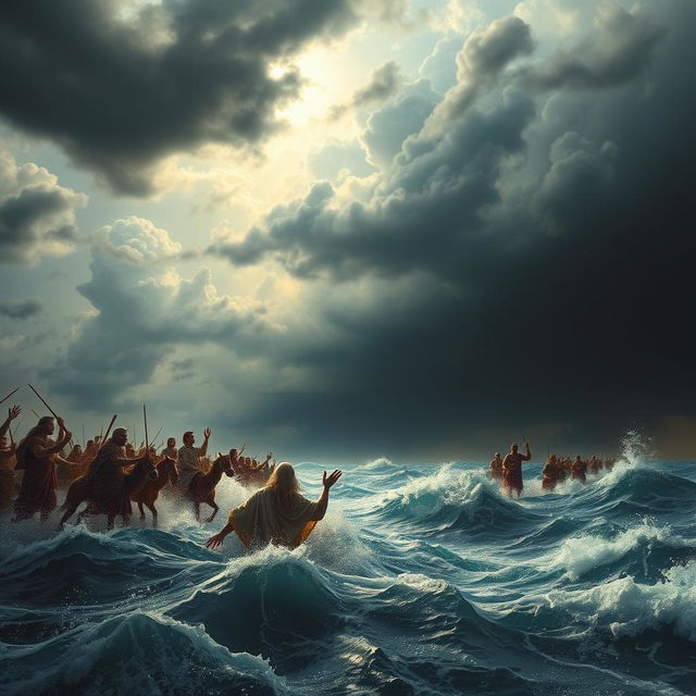 A dramatic scene depicting the biblical Exodus, with Moses parting the Red Sea, leading the Israelites out of Egypt