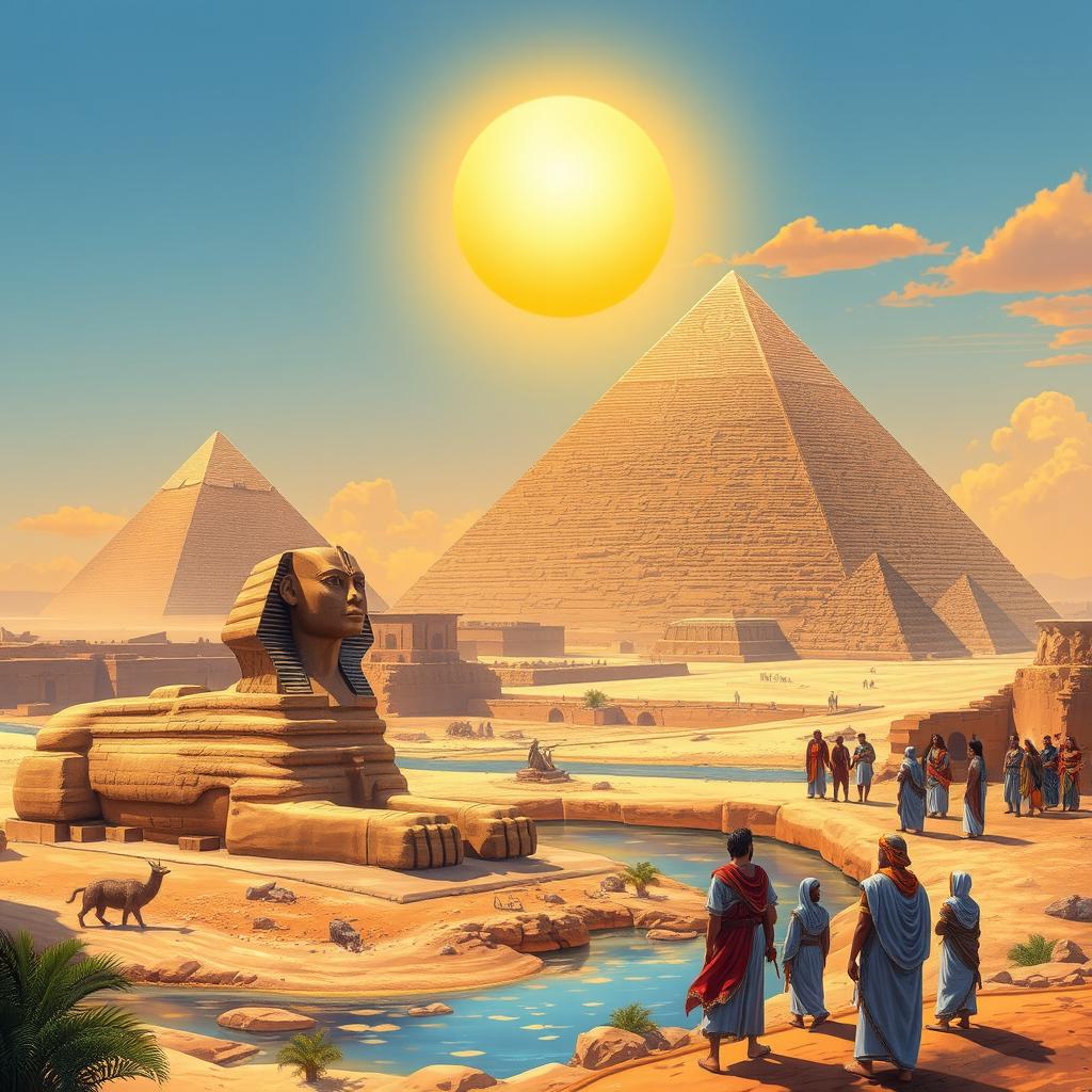 A beautiful and detailed scene of ancient Egypt, featuring the pyramids, the Sphinx, and the Nile River