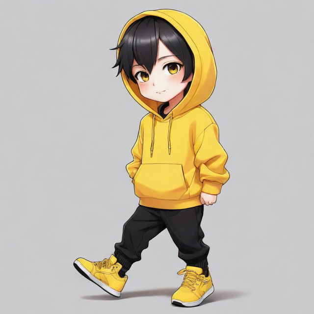 Anime chibi boy with a vibrant yellow hoodie, black pants, and yellow shoes