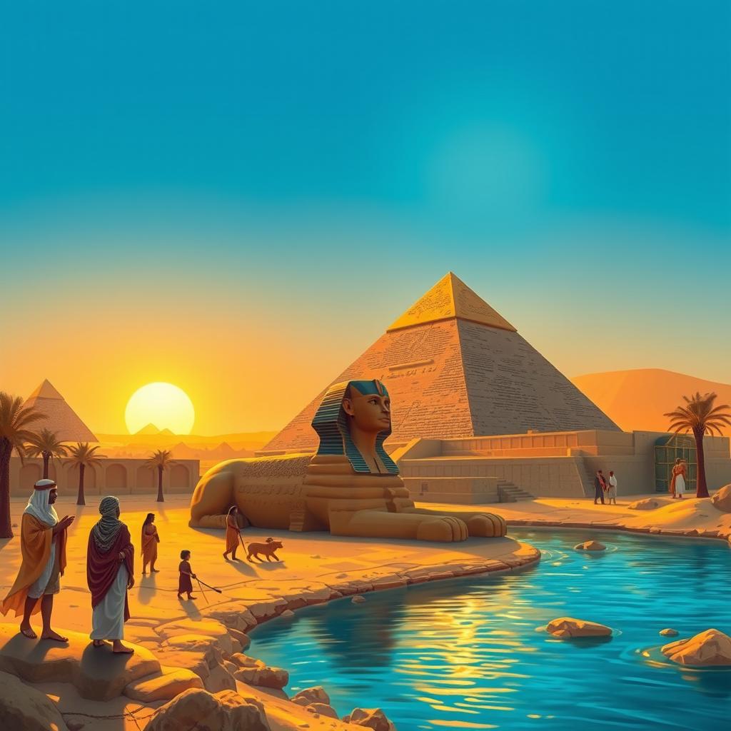 A beautiful and detailed scene of ancient Egypt, featuring the pyramids, the Sphinx, and the Nile River