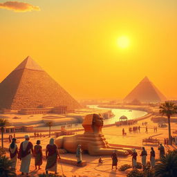 A beautiful and detailed scene of ancient Egypt, featuring the pyramids, the Sphinx, and the Nile River