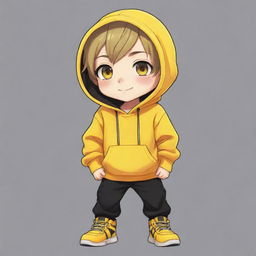 Anime chibi boy with a vibrant yellow hoodie, black pants, and yellow shoes