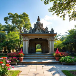 A serene and beautiful makam, surrounded by lush greenery and colorful flowers