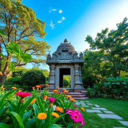 A serene and beautiful makam, surrounded by lush greenery and colorful flowers