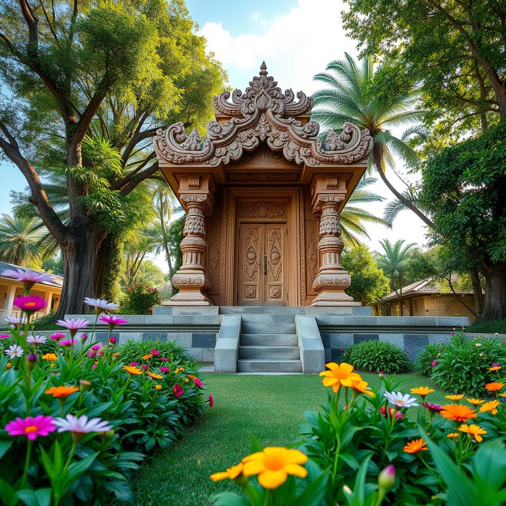 A serene and beautiful makam, surrounded by lush greenery and colorful flowers