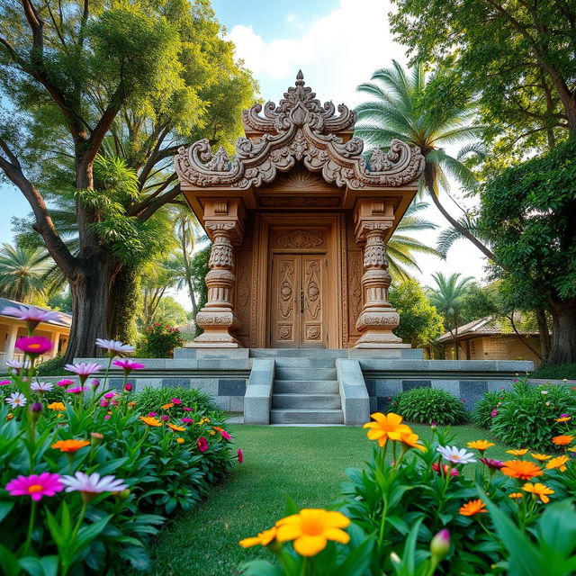 A serene and beautiful makam, surrounded by lush greenery and colorful flowers