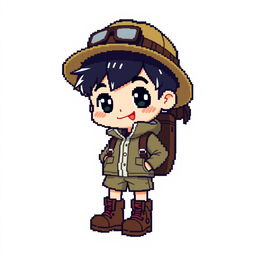 Pixel art of a chibi-style boy wearing hiking clothes