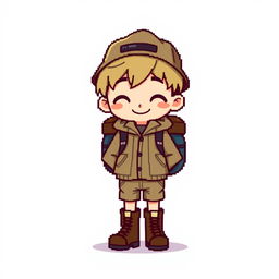 Pixel art of a chibi-style boy wearing hiking clothes