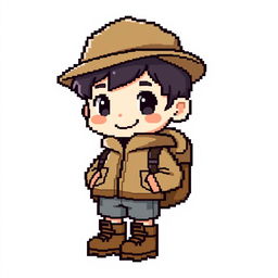 Pixel art of a chibi-style boy wearing hiking clothes