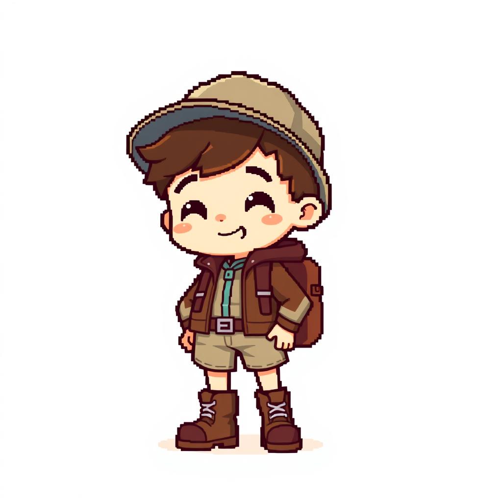 Pixel art of a chibi-style boy wearing hiking clothes